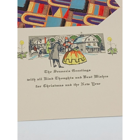 Antique Christmas Greeting Card Victorian Couple Holding Gift Unused Hand Colore - Picture 2 of 5